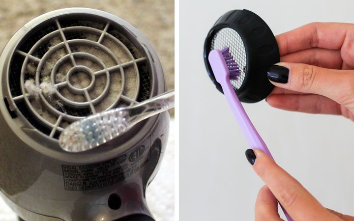 Hair Dryer cleaning hacks  filtering system  vinegar  garbage disposal  hair dryer  hair products  toothbrush