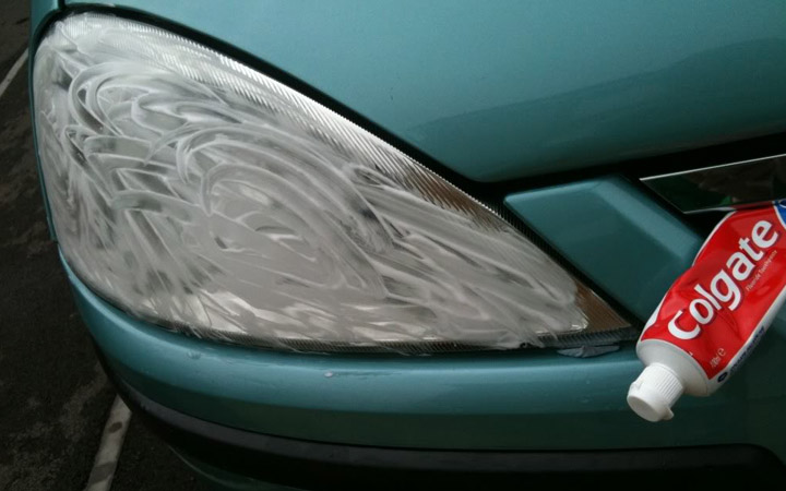 Use Toothpaste To Clean Your Headlights At Home car tips and tricks car hacks remove a dent from your car vacuum cleaner pool noodles car roof shaving cream